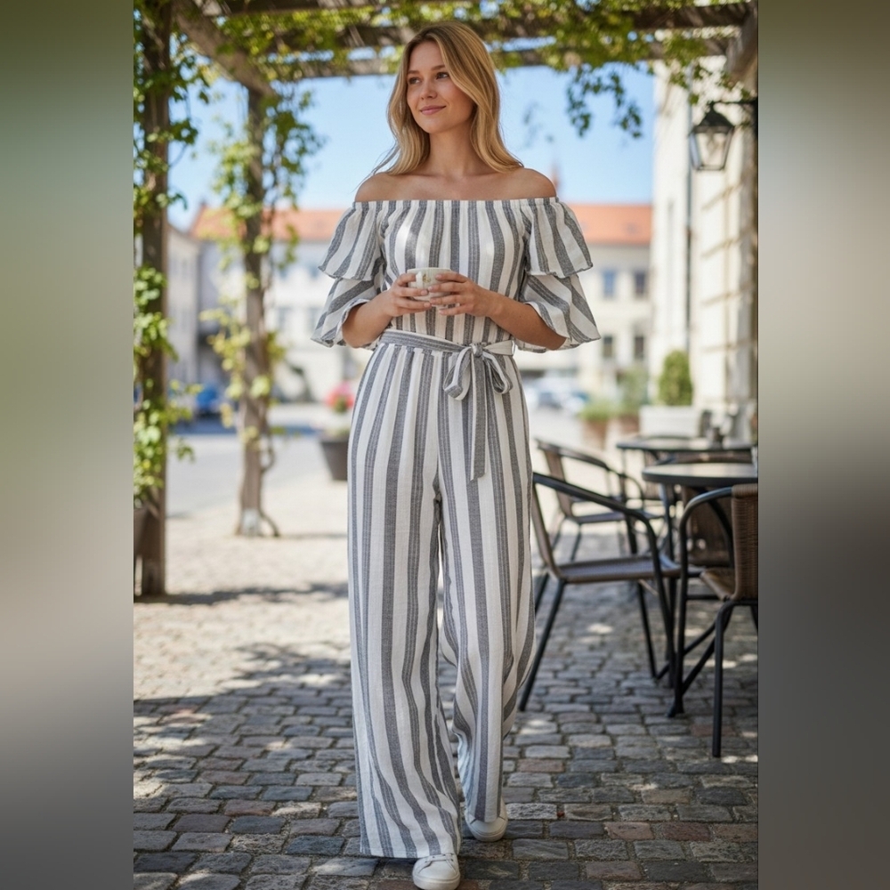 Off-Shoulder Striped Jumpsuit - Gray/White